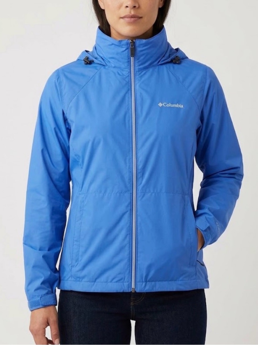 Columbia Women’s Blue Hooded Rain Jacket Size L Zip Pockets